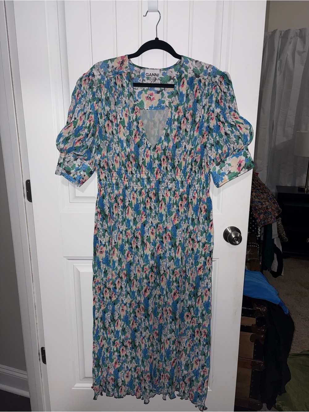 Ganni Blue Floral Midi Dress with Pink & Green Accents